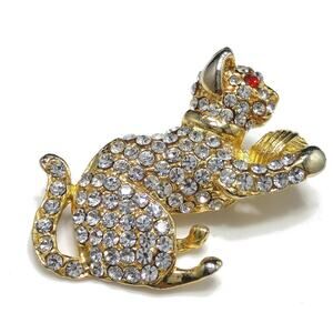 Vintage Cat with Yarn Brooch, Pave Clear Rhinestones, Gold Plated, 1980s